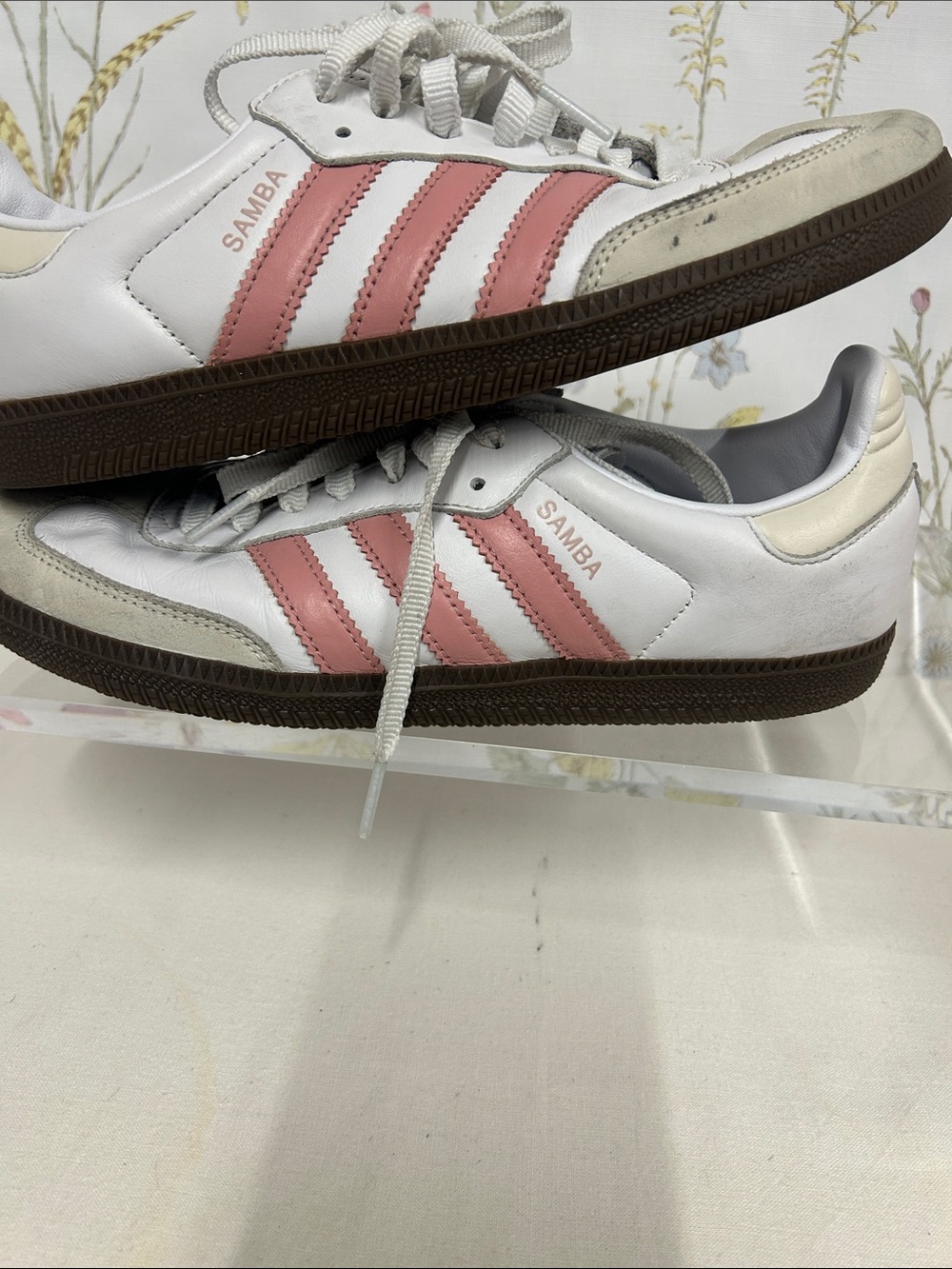 adidas Samba Sneakers - White with Pink Stripes and Brown Sole - Picture 7 of 14